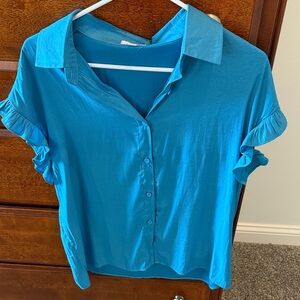 Women's Teal Short-Sleeve Button-Down Ruffle Shirt